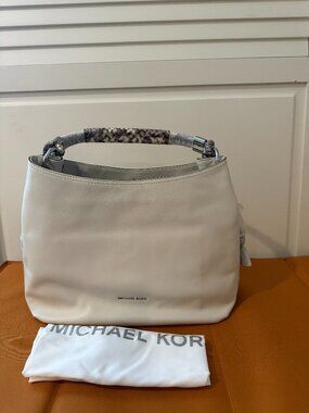 Michael Kors Isabel Large Convertible Leather Shoulder Bag Ecru Ivory Python